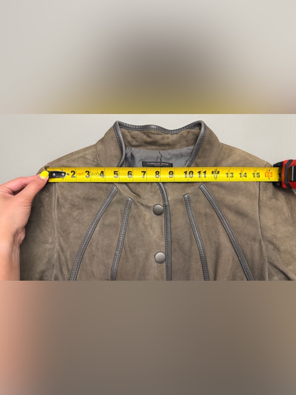 Classiques Entier Atelier 100% Leather Suede Jacket Brown Gray Trim Snap Front M - Picture 15 of 16
